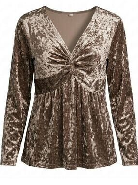 Fashion womens lg silver crushed velvet twist-front long sleeve top. 7041